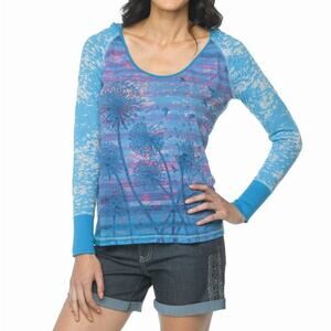 Prana Aura Pullover Hoodie Long Sleeve Sz Large Blue Pink Burnout Floral